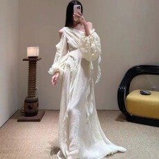 批发希腊女神绝美斜肩露肩灯笼袖连衣裙海边度假收腰大摆<b class='q'>长裙</b>