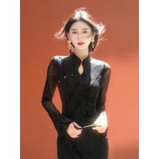 批发凌茜恣禾 锦安'新中式针织改良旗袍女早秋蕾丝拼接长袖修身连衣裙