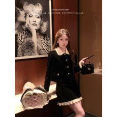 批发杨小卷 miu系富家千金风黑色丝绒套装两件套 珍珠娃娃领上衣外套
