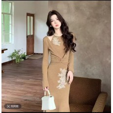 批发木子李的李早秋假两件优雅风长袖针织<b class='q'>连衣裙</b>蕾丝修身垂感鱼尾长裙