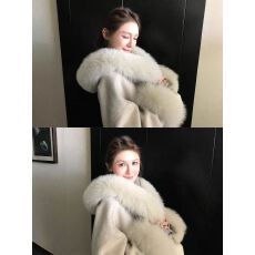 批发'沪上千金'900G进口狐狸毛领珍奢软黄金羊绒天丝羊毛双面呢大衣