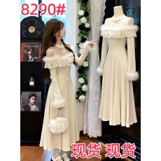 批发法式千金毛毛领长袖针织<b class='q'>连衣裙</b>女秋冬内搭收腰生日礼服绝美长裙子