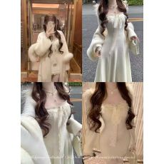 批发SISI JIANG“雪绒蕾丝梦”纯欲甜美氛围感修身蕾丝花边A字长裙