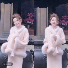 批发【婷婷】《瑞雪丰年•落日晚霞》橘粉狐狸毛拉绒<b class='q'>外套</b>套装