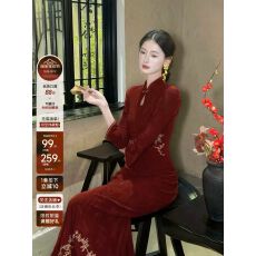 批发凌茜恣禾雪玉花'红色订婚改良旗袍女冬装敬酒服<b class='q'>绣花</b><b class='q'>连衣裙</b>