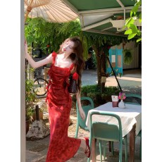 批发【微醺玫瑰】红色飘带气质显瘦<b class='q'>连衣裙</b>