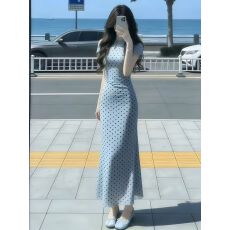 批发法式蓝色波点短袖旗袍<b class='q'>连衣裙</b>女夏季绝美巨好看气质修身包臀长裙子