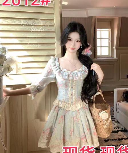 4 07 20 00 주요 추진력 섹션 꽃 리플 년 프랑스식 꽃무늬 레이스 광장 칼라 맨위 한 마디 치마 세트