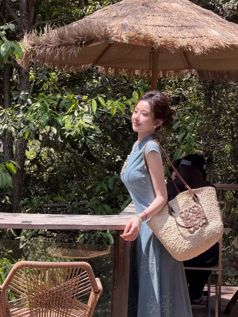 파빌리온 와우 파란색과 흰색 소문 레트로 국풍 새로운 중식 통기성 데님 면 여성 드레스 여름 비 레거시 단추 롱 스커트