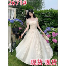 批发Blovelan白玉兰 法式轻<b class='q'>婚纱</b>感吊带裙一字肩<b class='q'>蕾丝</b>绣花玫瑰大摆长裙