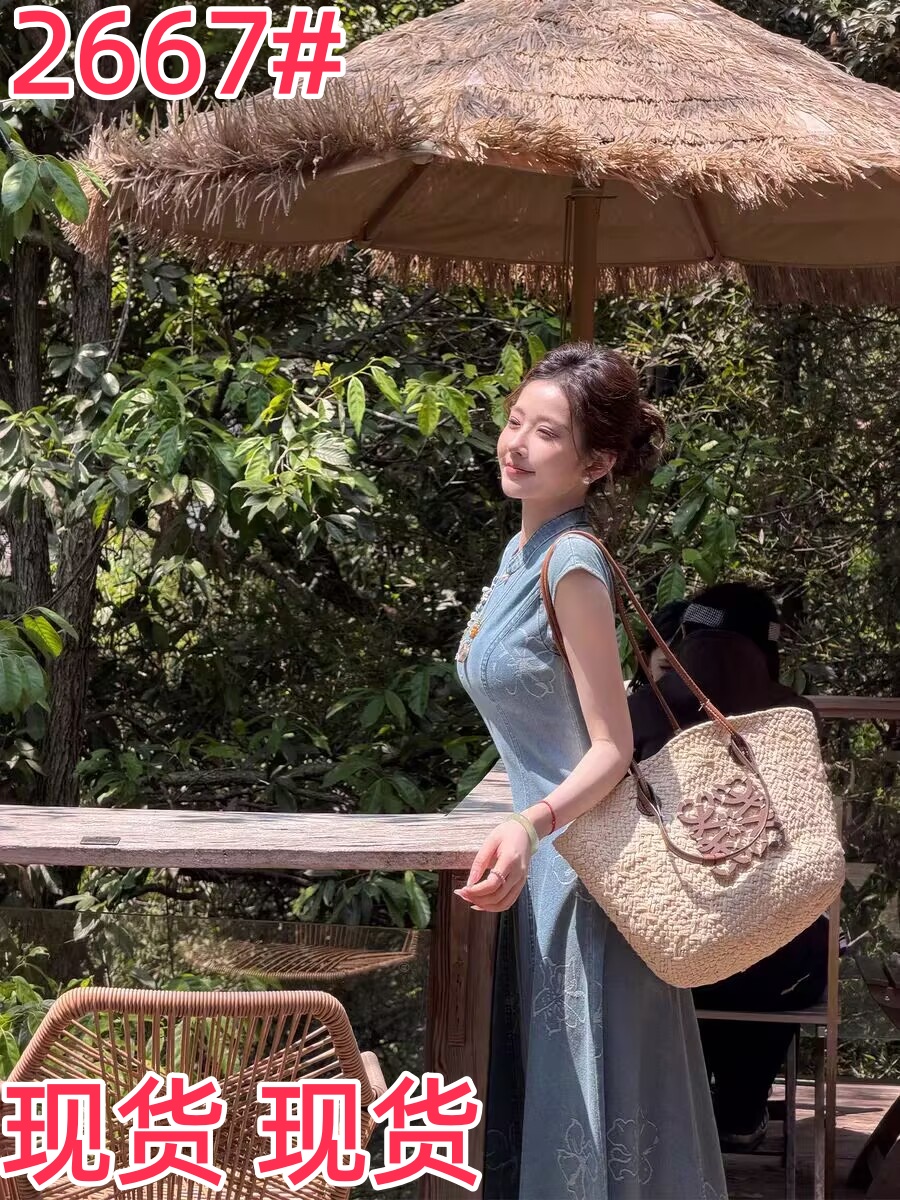 파빌리온 와우 파란색과 흰색 소문 레트로 국풍 새로운 중식 통기성 데님 면 여성 드레스 여름 비 레거시 단추 롱 스커트