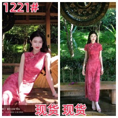 批发凌茜恣禾 玫瑰晚叙'新中式植绒玫瑰旗袍女春夏弹力针织修身<b class='q'>连衣裙</b>