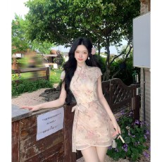 批发【5/31 20:00 限时两件95折】锦韵花朝 少女改良收腰印花旗袍短裙