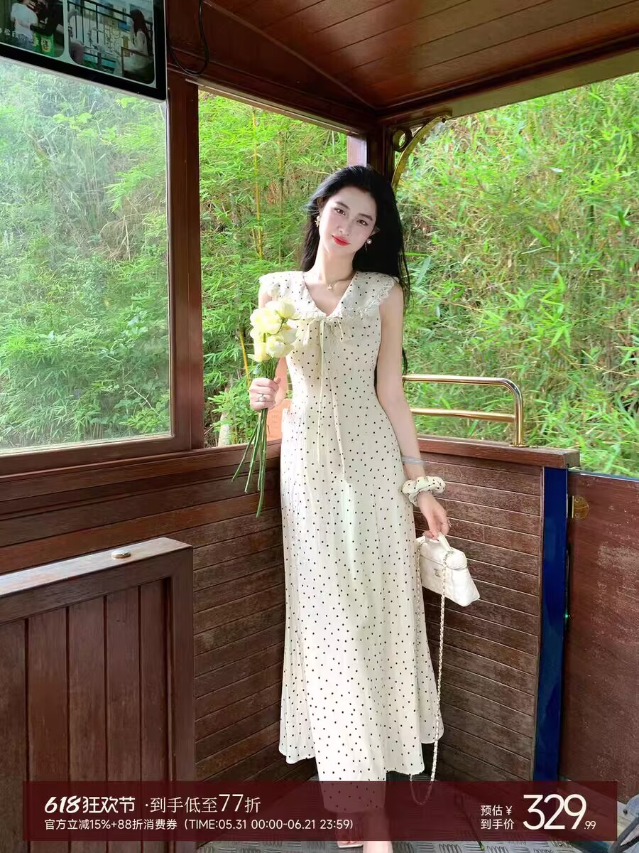 링 茜 거만한 와우 첫사랑 베이비 칼라 도트 무늬 여성 드레스 여름 프랑스식 나비 매듭 민소매 조끼 큰 진자 롱 스커트