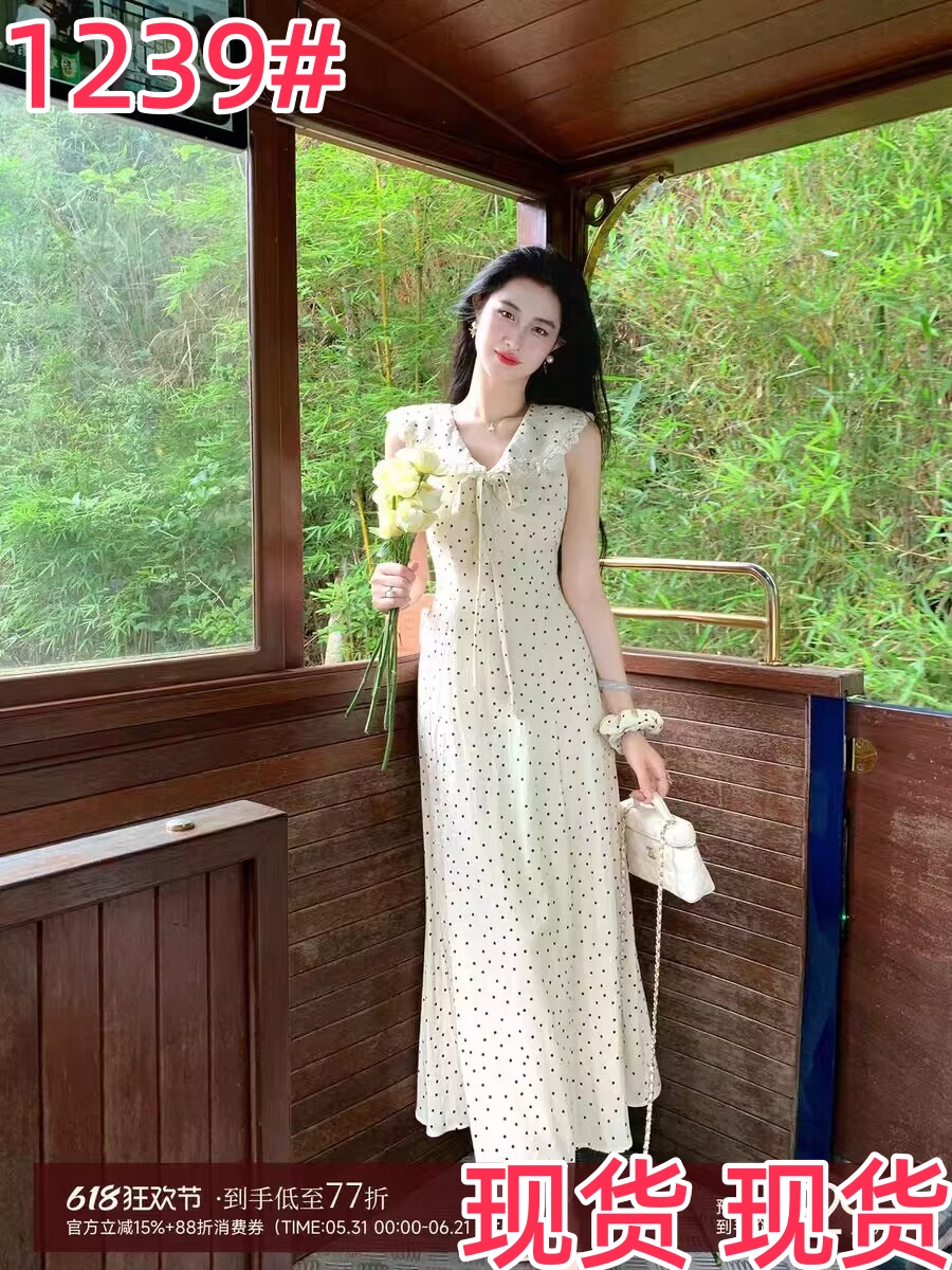 링 茜 거만한 와우 첫사랑 베이비 칼라 도트 무늬 여성 드레스 여름 프랑스식 나비 매듭 민소매 조끼 큰 진자 롱 스커트