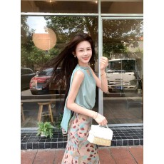 批发木子李的李 韩系轻熟风V领无袖飘带<b class='q'>雪纺</b><b class='q'>上衣</b>豹纹鱼尾半身裙套装夏