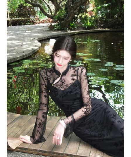 링 茜 거만한 와우 법사 실 나비 꿈 새로운 중식 나비 식물 플러시 치파오 허리 수축 슬림해 보이는 슬립 드레스 투피스 세트