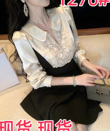 우아한 조 흑인과 백인 명나라 연주하다 곡 가을 의상 새로운 긴팔 연령 감소 프랑스식 레트로 베이비 칼라 패치워크 드레스 짧은