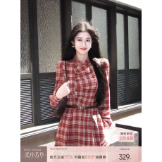 批发9.19 早十点半 限时两件8折法式复古红色格纹压褶<b class='q'>连衣裙</b>