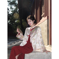 批发新中式红色撞色长袖改良<b class='q'>旗袍</b>连衣裙+缎面印花短款棉服外套