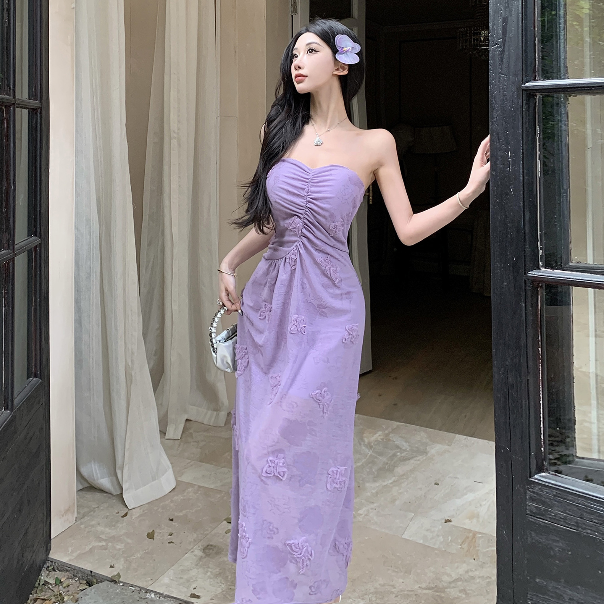 FA34664# 夏季新款甜美蕾丝褶皱抹胸连衣裙修身显瘦度假泰国裙子 服裝批發女裝批發服飾貨源