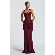 批发优雅礼服长款<b class='q'>连衣裙</b>针织和透视网纱新款礼服<b class='q'>连衣裙</b>系带露背设计