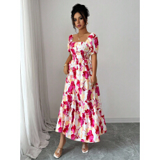 批发优雅全印花泡泡袖方领女士连衣裙<b class='q'>短袖</b>后背打揽时尚优雅印花连衣裙