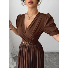 批发时尚优雅春夏新品优雅<b class='q'>百搭</b>交叉v领金属装饰后背腰部打揽下摆压褶