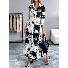 批发女式时尚扎染印花衬衫<b class='q'>连衣裙</b>，长袖女式服装，长款休闲<b class='q'>连衣裙</b>