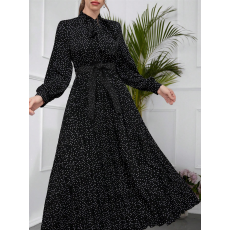 批发时尚<b class='q'>波点</b>长裙压褶长袖长裙<b class='q'>波点</b>印花腰带清新时尚女装<b class='q'>连衣裙</b>