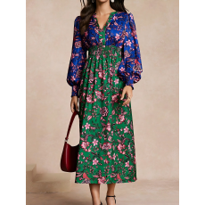 批发女士合身优雅休闲拼接印花长款连衣<b class='q'>裙</b>，优雅和修身长<b class='q'>裙</b>