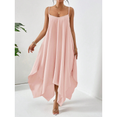 批发优雅休闲大码女装海边度假简约纯色休闲宽松不对称下摆夏日连衣裙