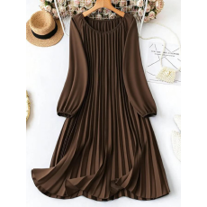 批发大码宽松圆领纯色长袖连衣裙，压褶日常简约通勤休闲优雅女装，