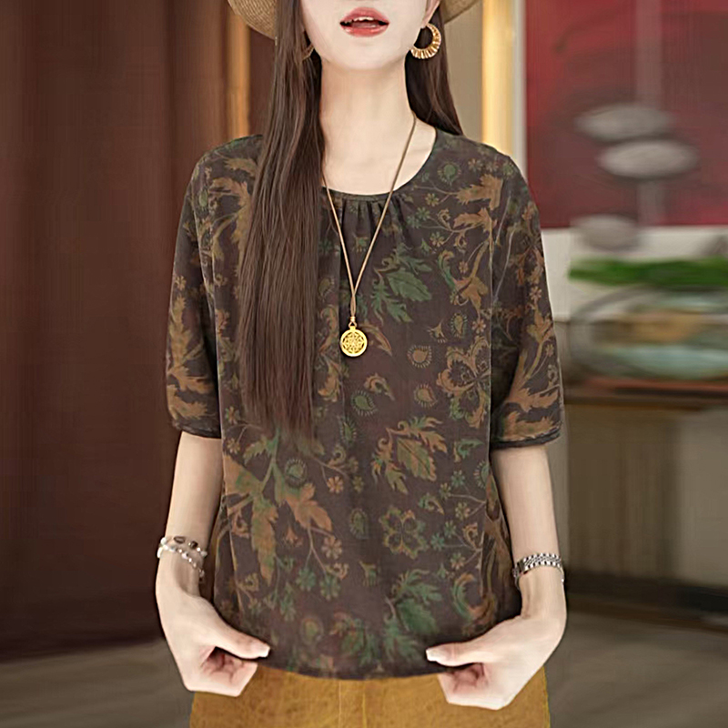 경관 그림 거북이 균열 샹윈사 포장 지점 꽃무늬 스트레이트 젠 뽕나무 누에 실크 여성 의류 맨위 티셔츠