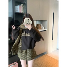 批发实拍 秋冬新款女装韩系圆领子母件卫衣+菱形格半身裙两件套配围巾