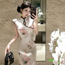 批发实拍~新款复古中国风改良少女春夏缎面中长款紧身旗袍