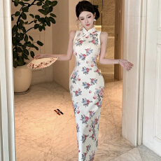 批发新中式禅意裙子改良版少女旗袍裙女夏2026长款开叉印花<b class='q'>连衣裙</b>