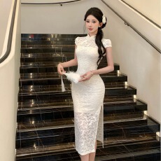 批发实拍 新中式国风亮片蕾丝蝴蝶连衣裙女<b class='q'>夏季</b>改良<b class='q'>旗袍</b>年轻短袖长裙