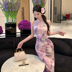 批发实拍 新款高级感复古风年轻款少女改良版印花旗袍修身连衣裙