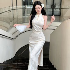 批发实拍  新款<b class='q'>夏</b>季轻熟紧身聚会时尚纯色开叉中长旗袍连衣裙