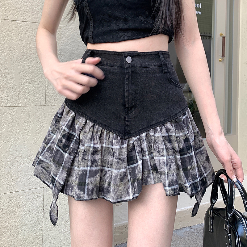 RY7679# 实拍设计感牛仔拼接不规则格子半身裙高腰a字短裙女