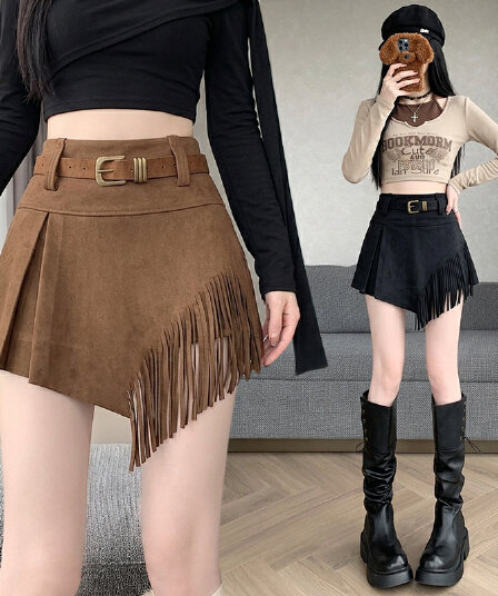 실사 스웨이드 원단 반신 스커트 여성 비대칭 술 노출 방지 플리츠 개성 캐주얼 레트로 한 마디 미니 스커트