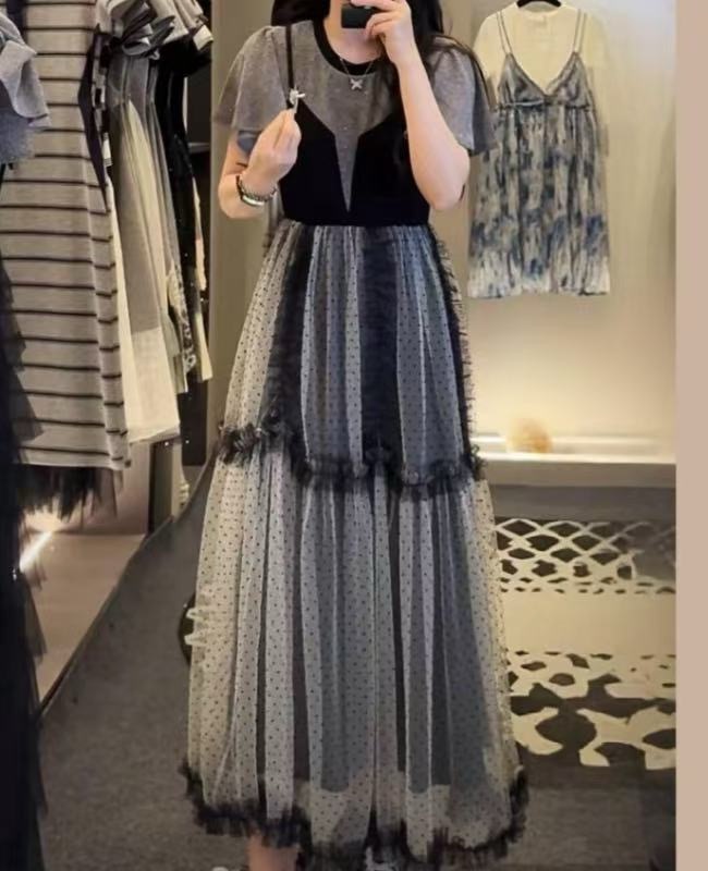 선적 중 망사 패치워크 드레스