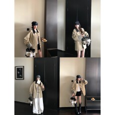 批发高智巴恩风 卡其色风衣撞色格纹拼接短款宽松外套女<b class='q'>秋</b>季