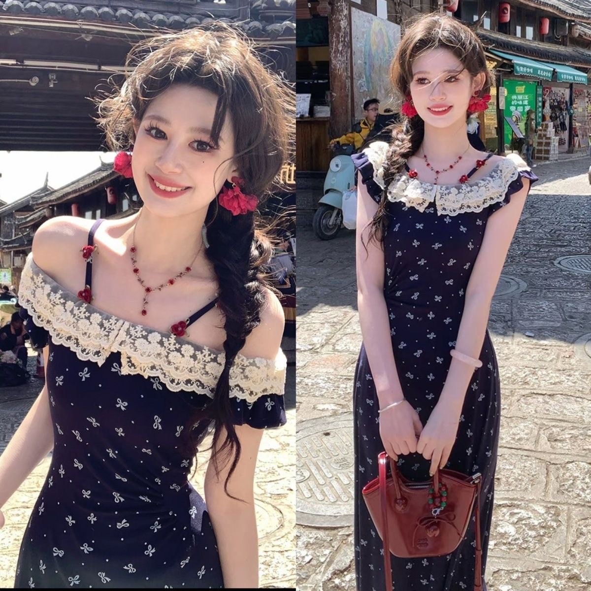 여름 스타일 프랑스식 디자인 센스 연령 감소 프릴 보트넥 니트 꽃무늬 드레스 꽃무늬 길다 치마