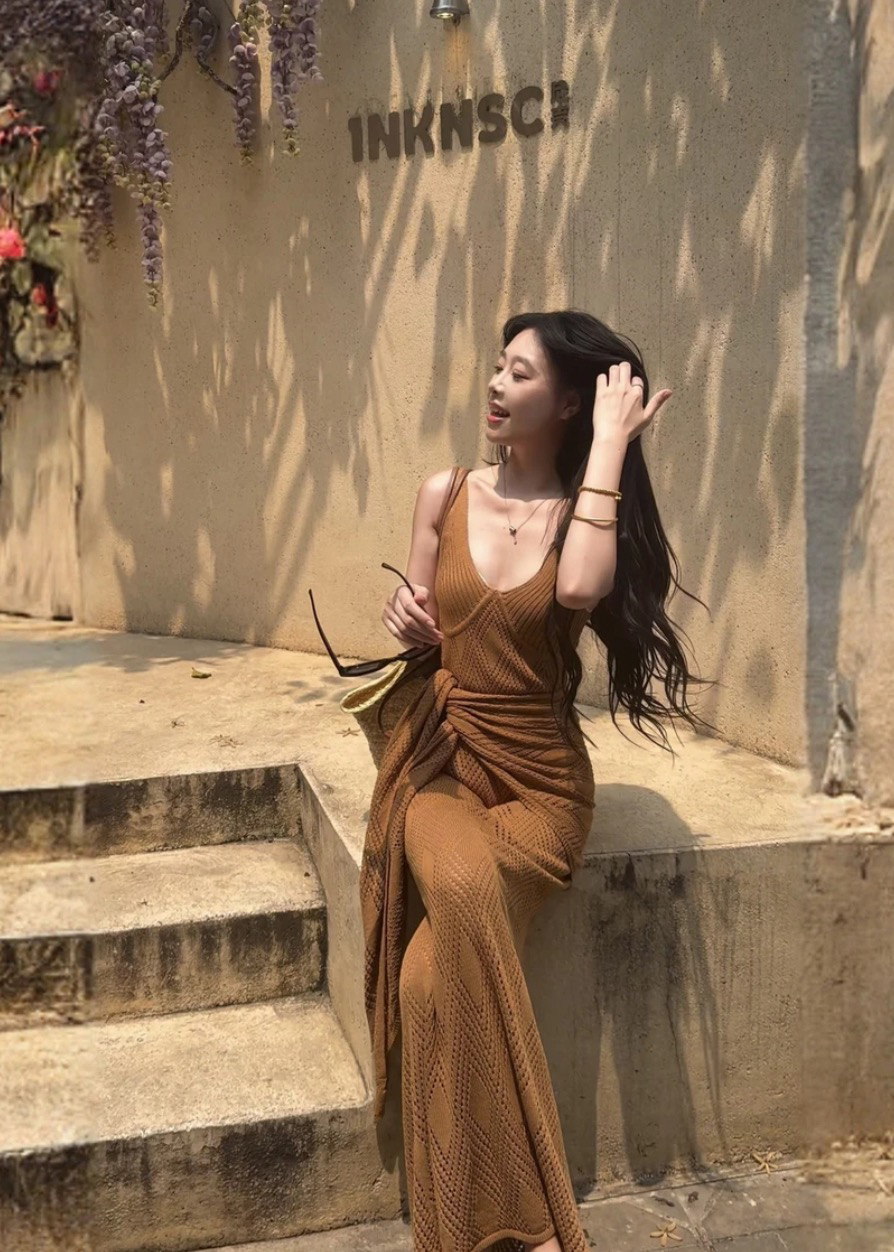 순수한 욕망 바람 프랑스식 홀로우 아웃 슬립 드레스 봄 여름 부드러운 느긋한 품격 숄 롱 스커트 세트