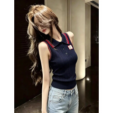批发Der mond 纯欲风镂空麻花Polo领针织背心女夏季<b class='q'>白色</b>修身无袖上衣