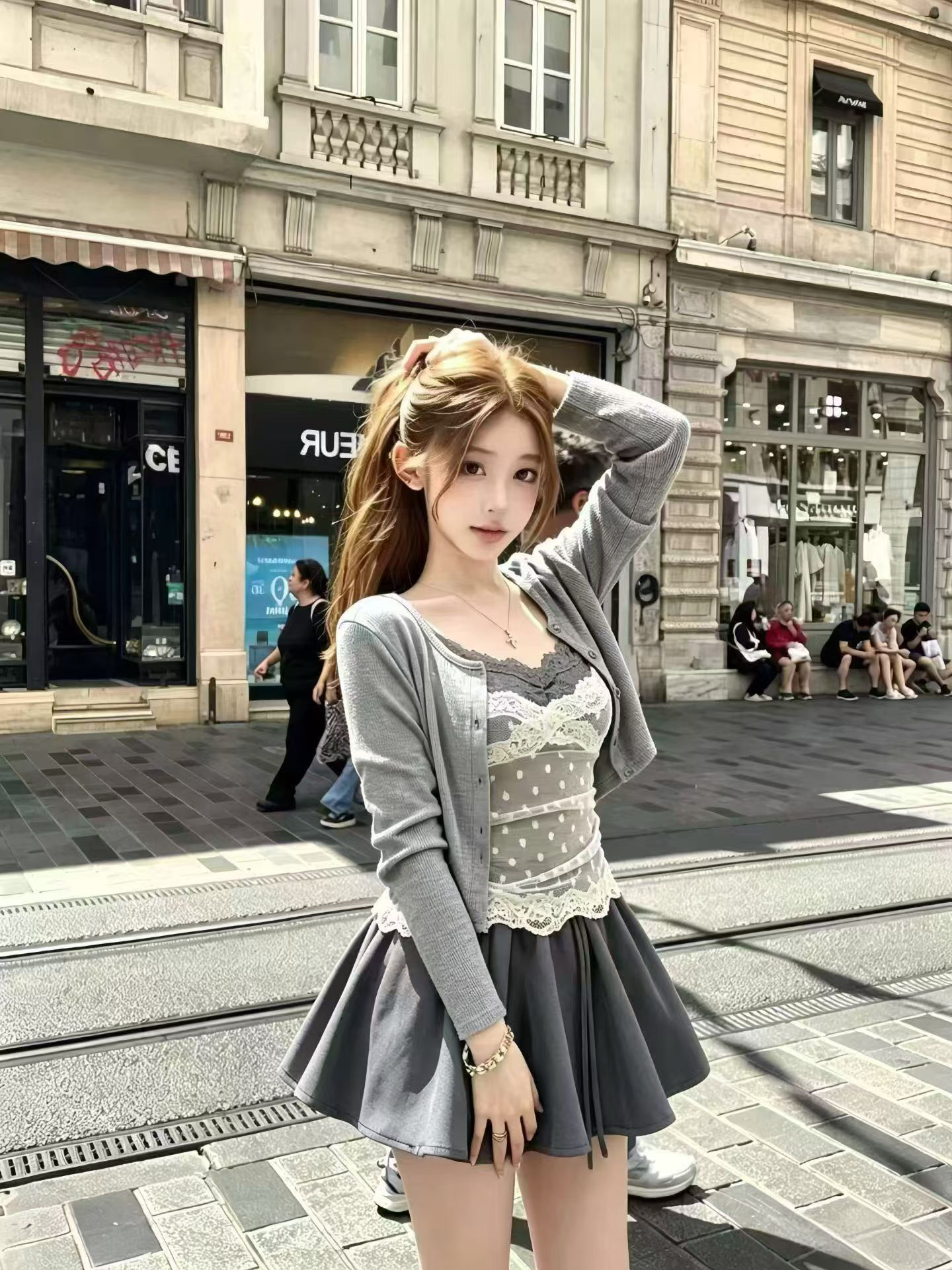 秋装新款时尚休闲气质拼接蕾丝打底+开衫+半身裙三件套装女 服裝批發女裝批發服飾貨源