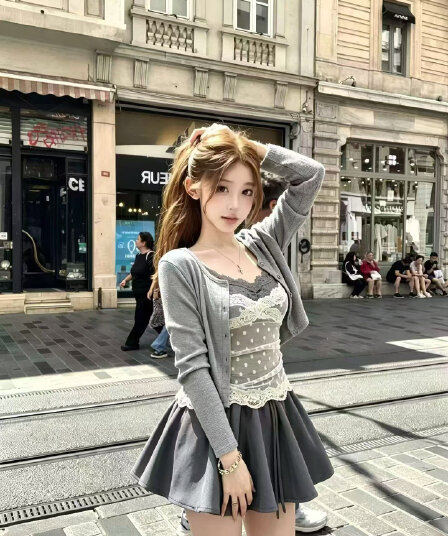 가을 의상 새로운 패션 캐주얼 품격 패치워크 레이스 만나는 오픈 가디건 반신 스커트 세 조각 세트 여성