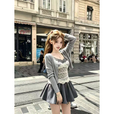 批发秋装新款时尚休闲气质拼接<b class='q'>蕾丝</b>打底+开衫+<b class='q'>半身裙</b>三件套装女